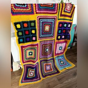 Vintage Handmade Boho Funky Rainbow Knit Crochet Throw